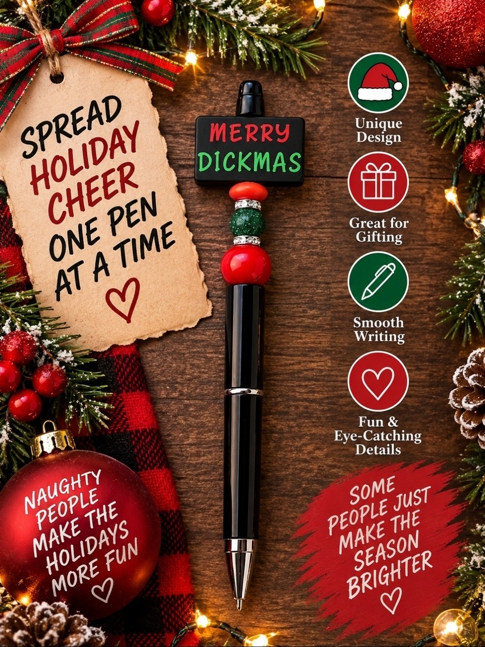 Holiday 'Merry Dickmas' Black Pen with Red & Green Accents